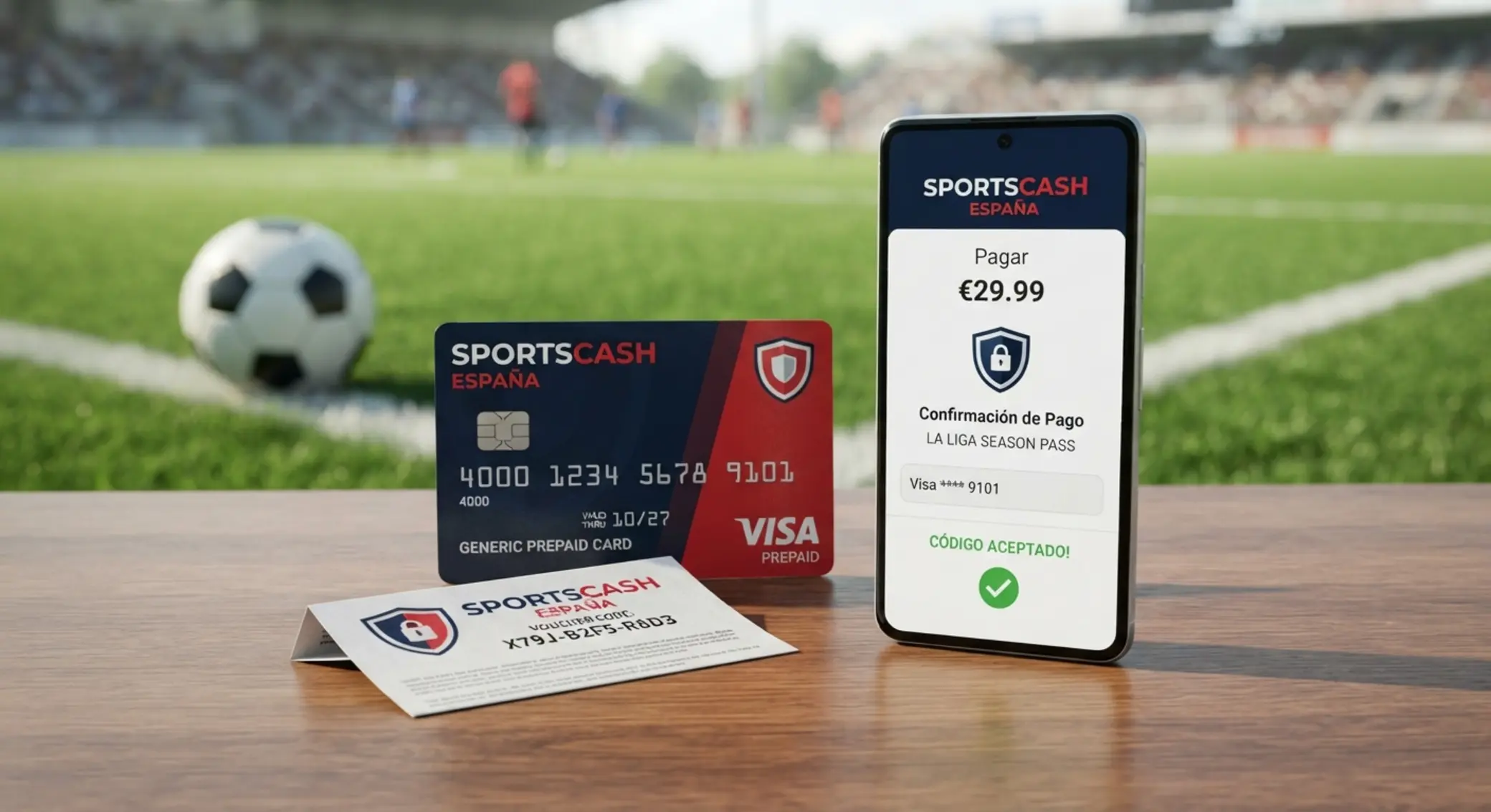 Paysafecard para depósitos deportivos seguros Tarjeta prepago y móvil con elementos deportivos y enfoque en privacidad y seguridad