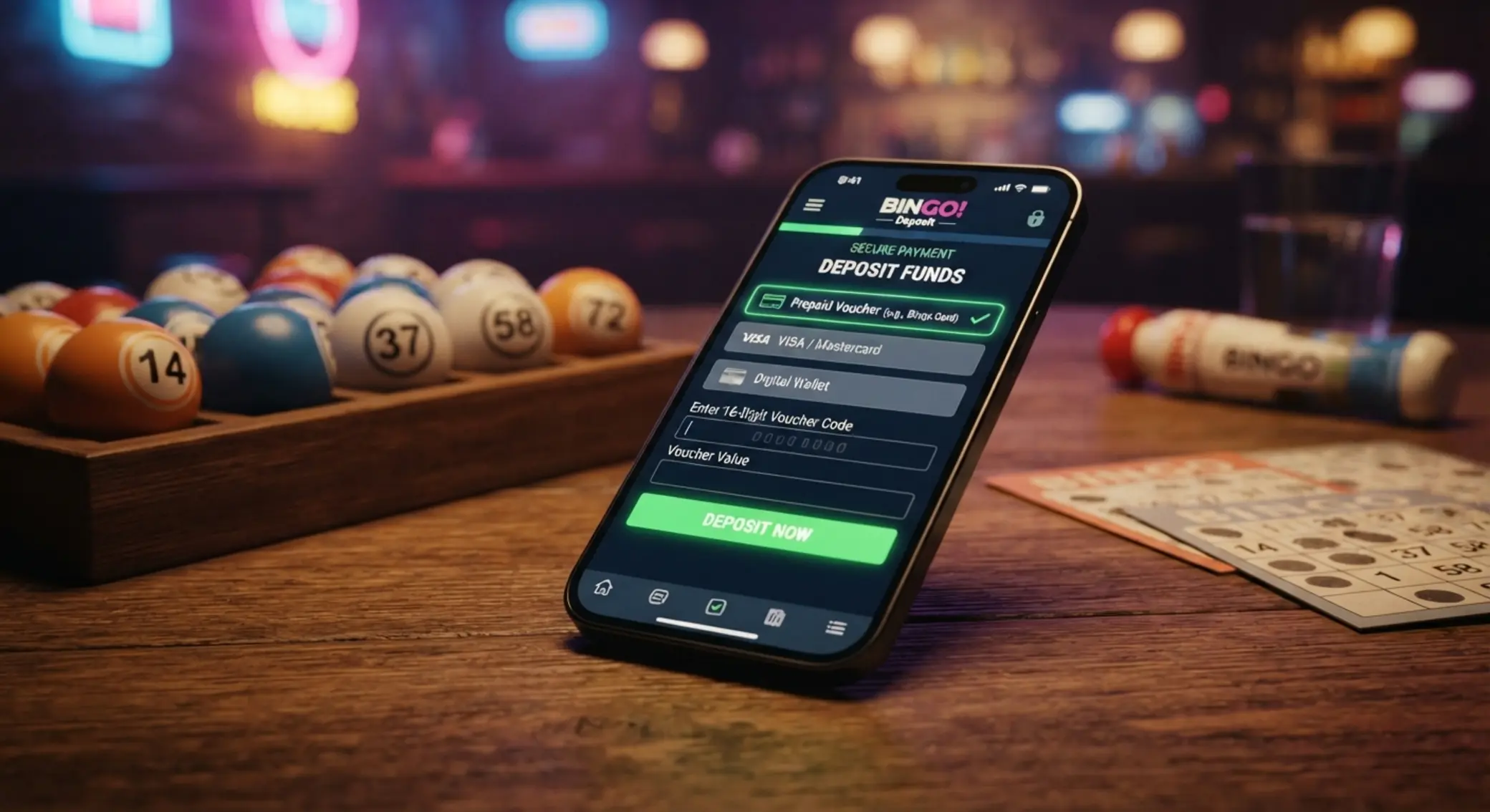 Depósito en bingo online con método prepago Pantalla móvil de depósito con opción prepago para bingo online