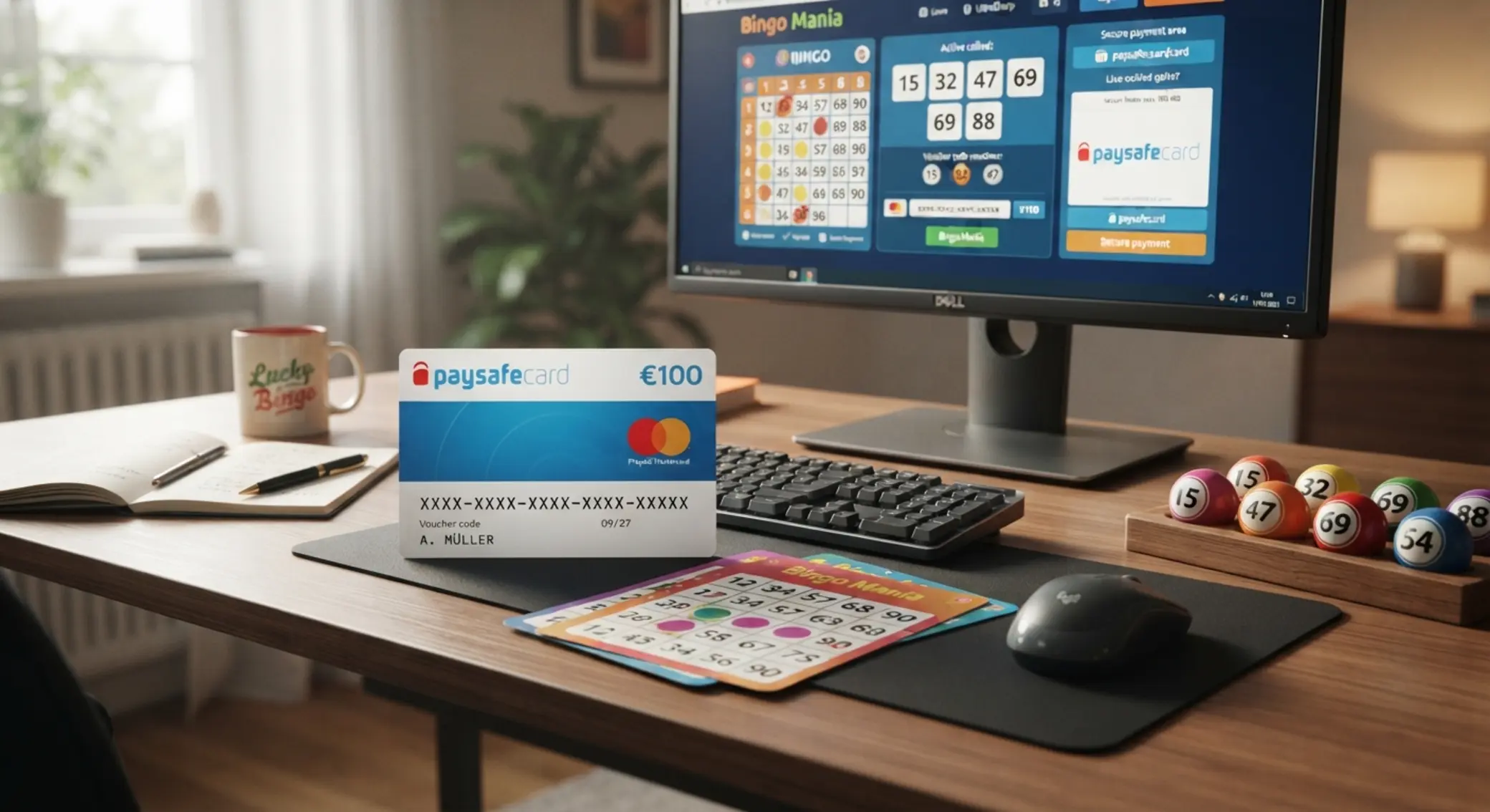 Paysafecard para depósitos en bingo online Cupón Paysafecard junto a cartones y bolas de bingo