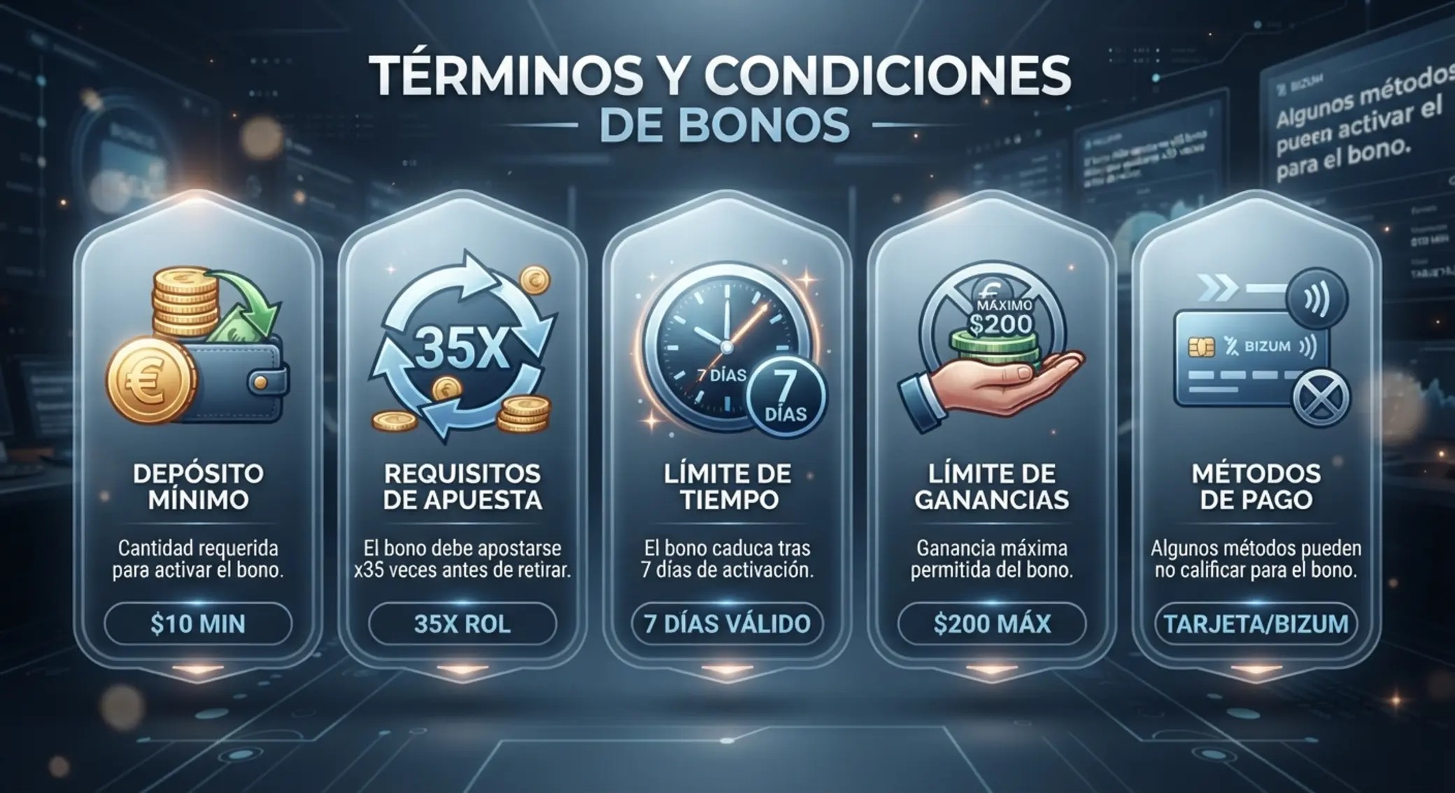 Condiciones clave de los bonos con Paysafecard Infografía visual de condiciones de bonos con depósito mínimo y rollover