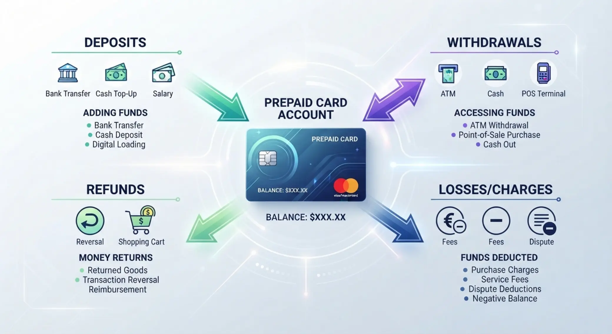Esquema de depósitos, retiros, pérdidas y cashback con tarjeta prepago