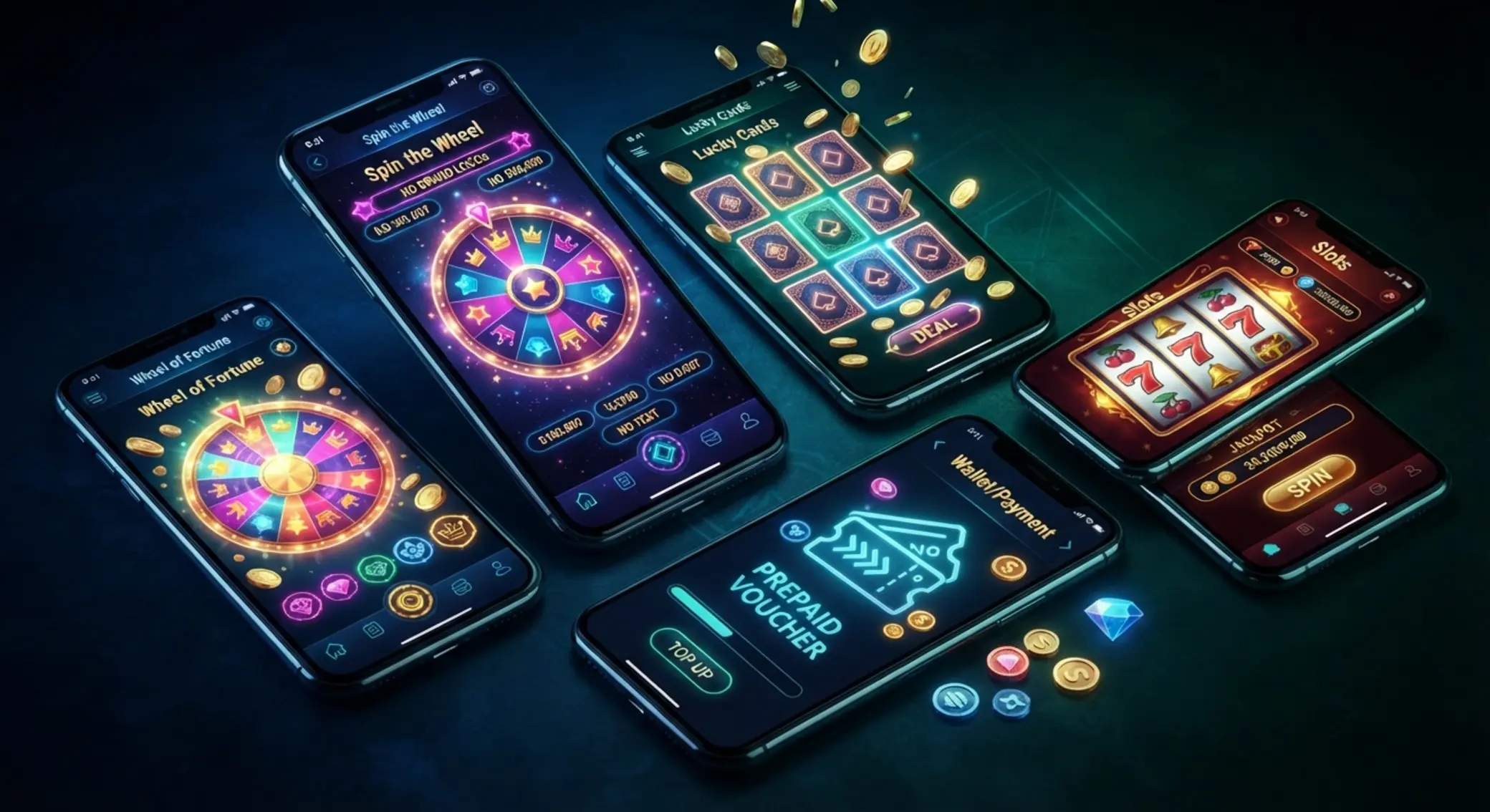 Varios smartphones con apps móviles y pago prepago