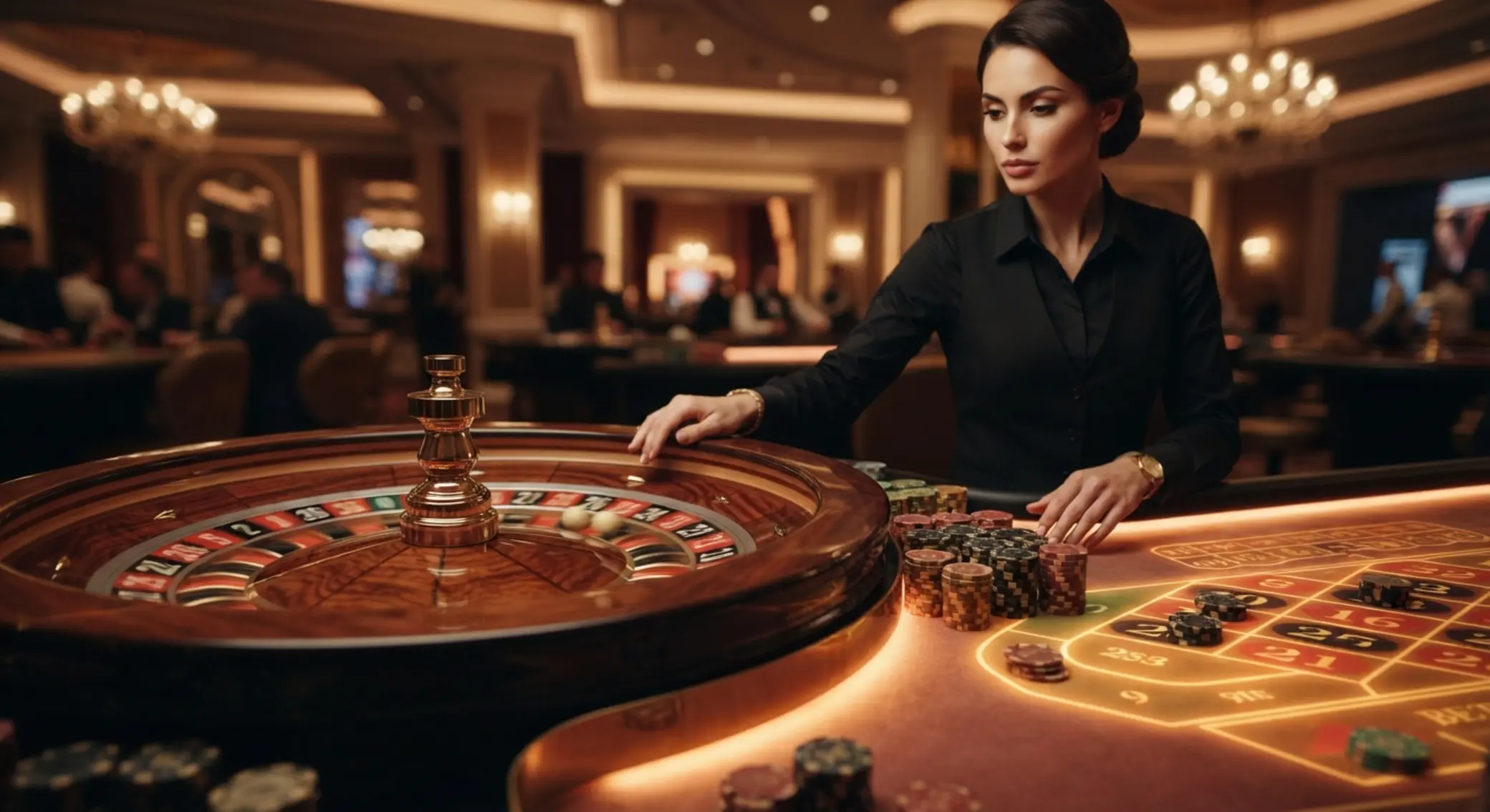 Ruleta en vivo con experiencia en directo Crupier de ruleta en vivo con fichas y mesa iluminada