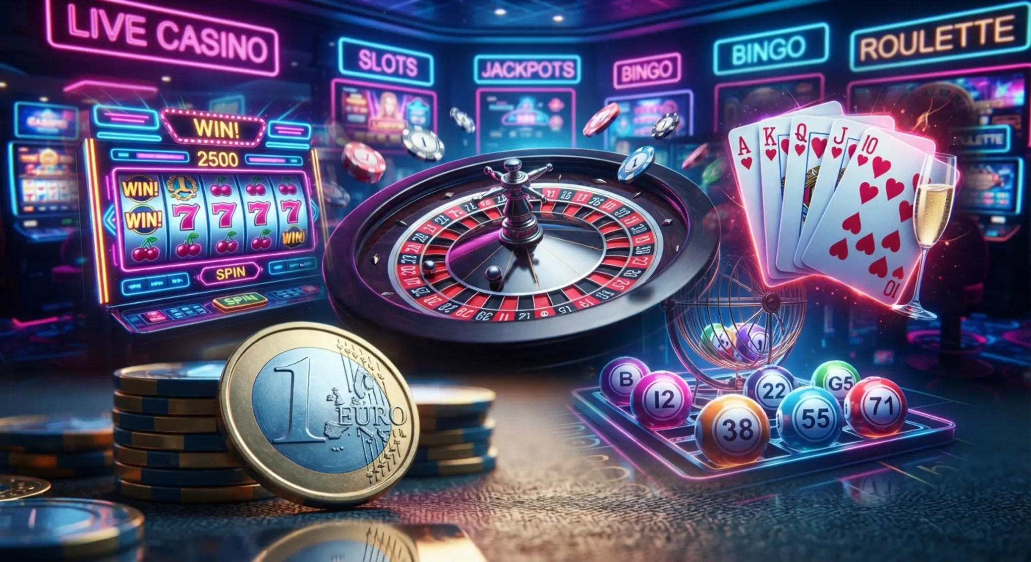 Juegos recomendados para depósitos pequeños Collage de slots, ruleta y cartas con ficha de 1 euro para depósitos bajos