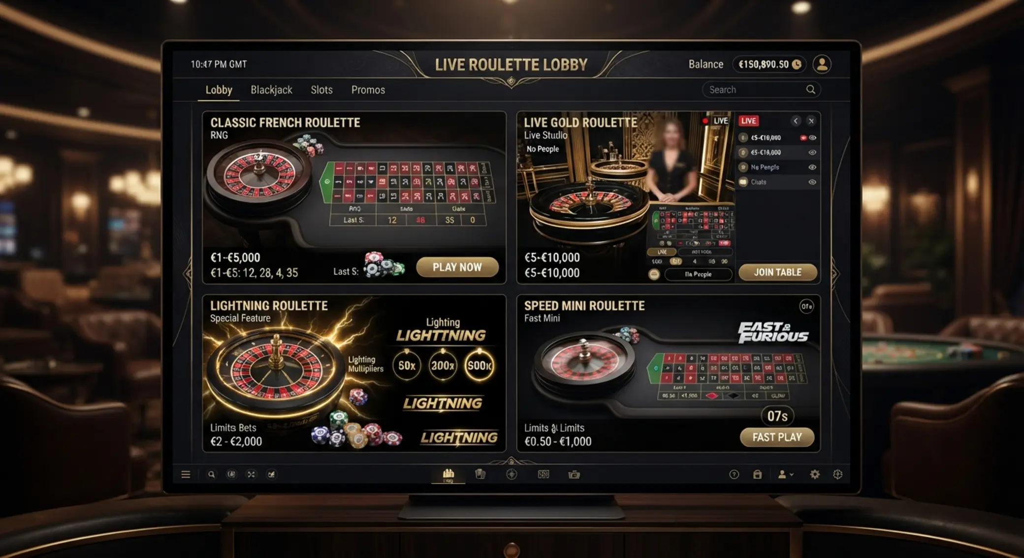 Juegos de ruleta online para diferentes estilos de juego Lobby con varias mesas de ruleta online, incluyendo RNG y ruleta en vivo