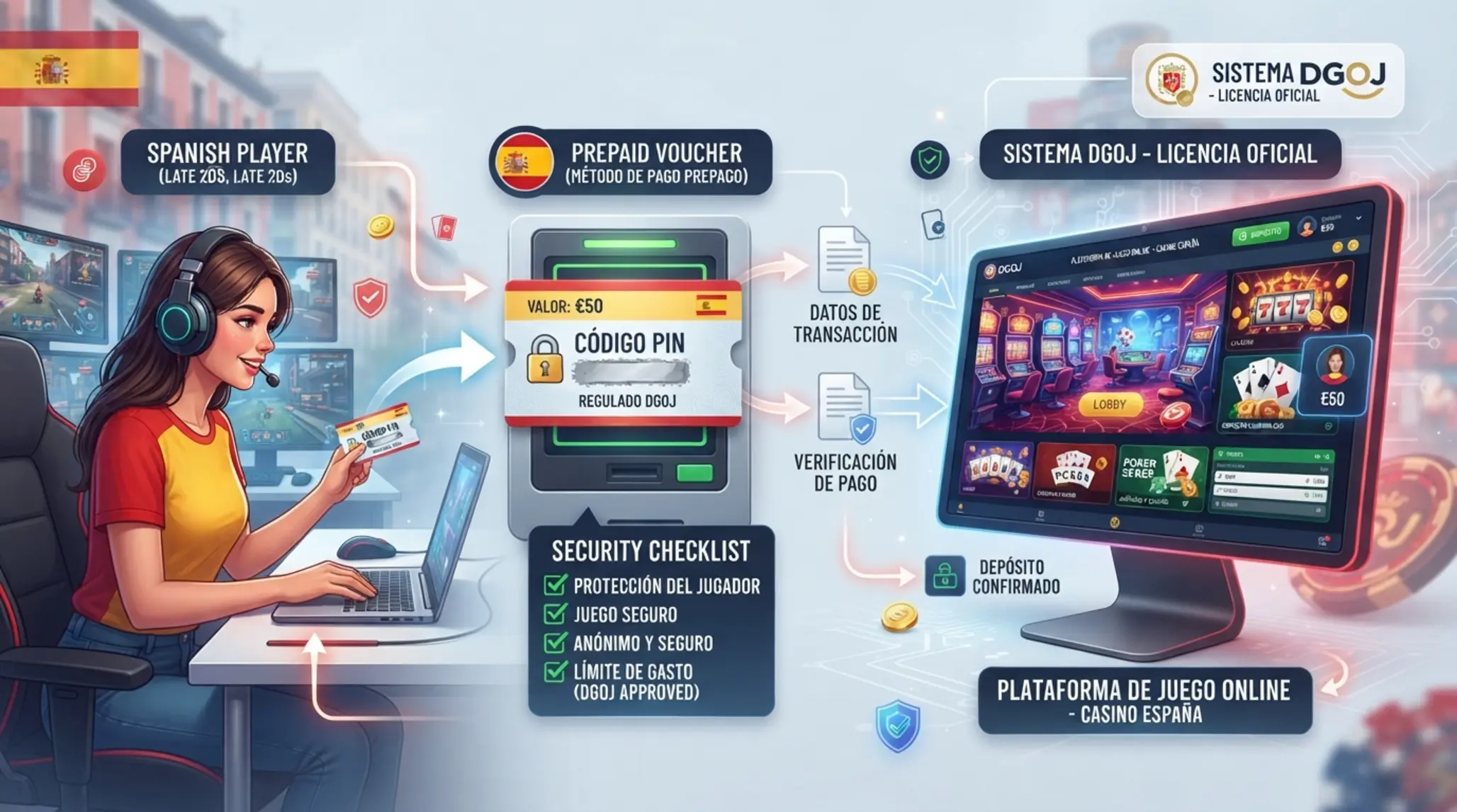 Cómo se relacionan jugador, Paysafecard y casino online Esquema entre jugador, método prepago y plataforma online con documentos y condiciones