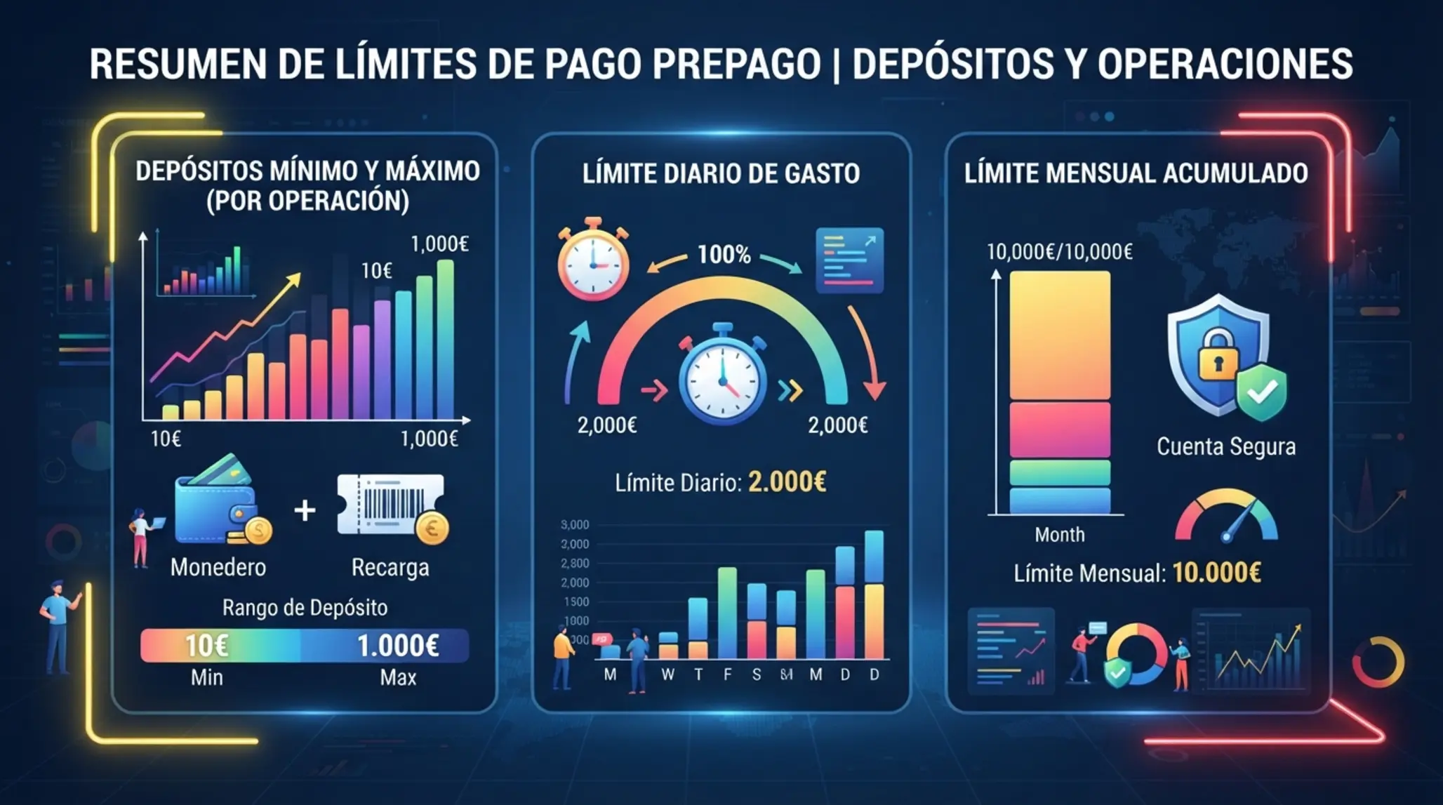 Límites habituales de Paysafecard en operadores online Infografía de límites de depósitos diarios y mensuales con método prepago