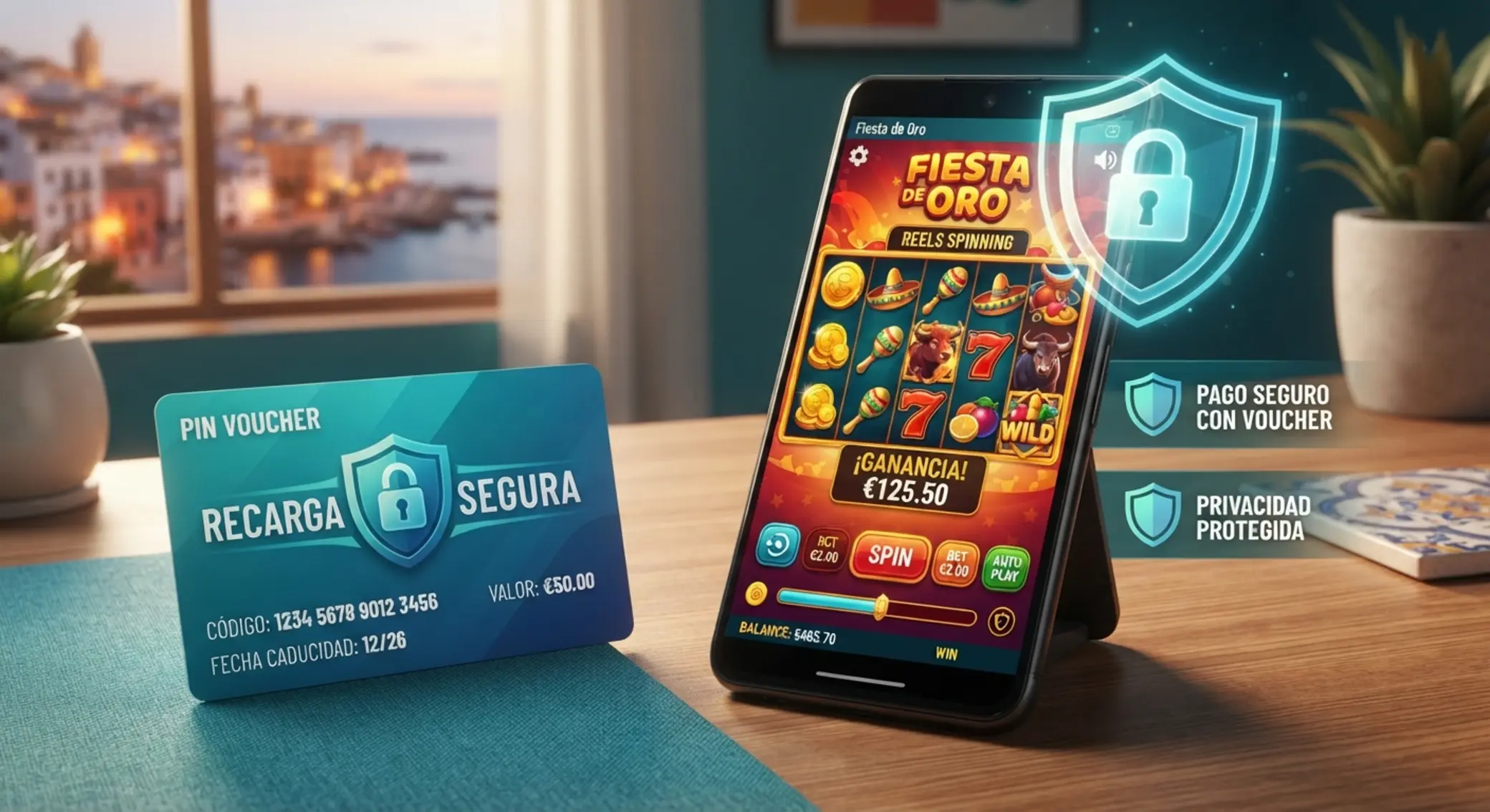 Cupón prepago junto a una tragaperras en pantalla móvil